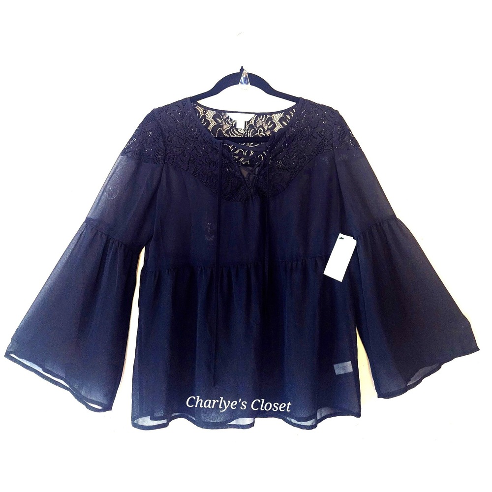 Black 100% Sheer Lace Chiffon Babydoll Top M NWT Bell Sleeve Vamp Goth Dark Boho